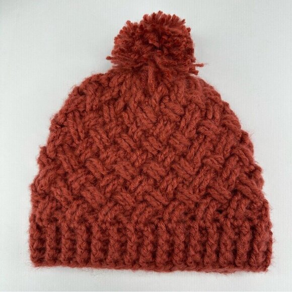Handmade Unisex New Rust Brown Basket-Weave Pom-Pom Top Knit Beanie‎ - Adult S/M - Picture 7 of 9